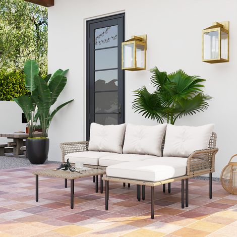Conjunto de Jardín de Ratán Sintético con Sofá de Exterior de 4 Módulos y 1 Mesa de Centro y Cojines Crema (1/5)