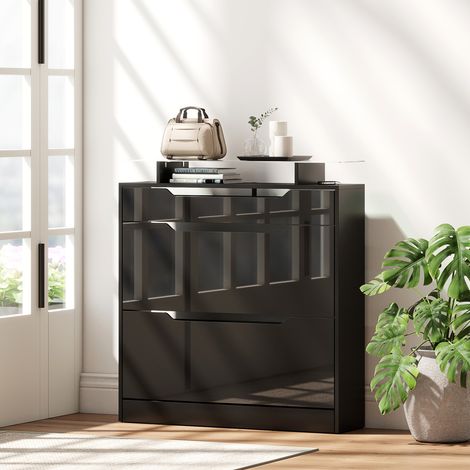 Scarpiera, 2 cassetti a ribalta, 1 cassetto scorrevole, 1 piano d'appoggio, 89x23x96 cm, nera