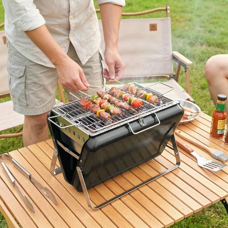 Barbecue affumicatore a carbone in acciaio inox con griglia, maniglia e gambe pieghevoli per barbecue e campeggio, 40x28x25,5 cm, nero