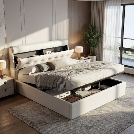 135x190cm Double Bed with Hydraulic Storage,Hidden Headboard,PU Finish,Slatted Base,Off-White,Mattress Not Included