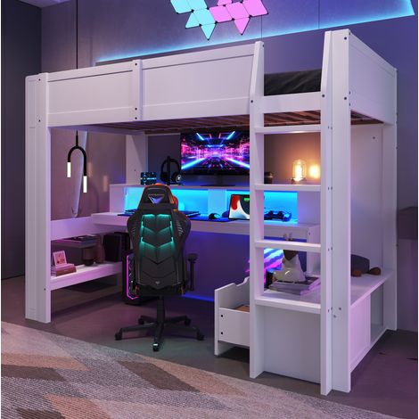 Hochbett Kiefernholz Weiß 90x200 cm mit Schreibtisch, Regalen, Schublade und LED-Beleuchtung (1/5)
