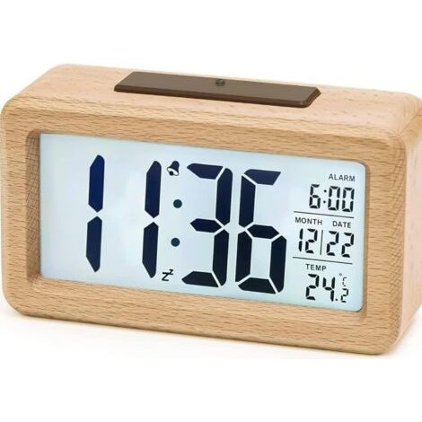 Réveil lumineux en bois avec écran LCD rétroéclairé – Affiche l'heure, la date et la température – Capteur de luminosité automatique – Fonction Snooze (1/5)