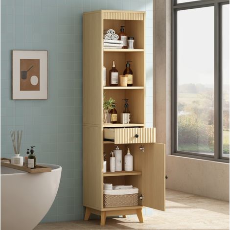 Mobile bagno alto 40x36x172 cm, con anta reversibile e cassetto, chiusura soft close, MDF, legno naturale (1/5)