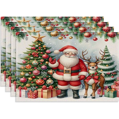 Placemat De Table - Résistant À La Chaleur - Motif Noël Arbre De Noël Père Noël Renne - Pour Décoration De Table De Cuisine Ou Salle À Manger - Lot De 1 (1/5)