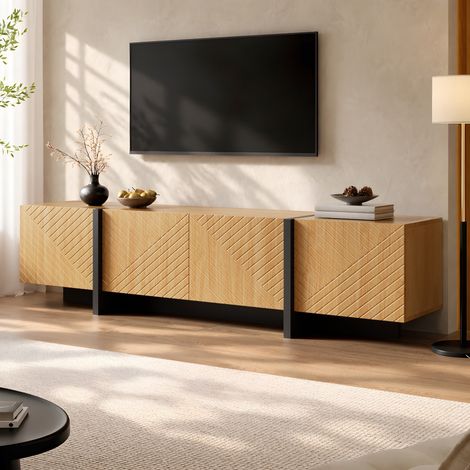 Mobile TV basso 187 cm, 4 ante a listelli diagonali e passacavi, design moderno per soggiorno, color rovere (1/5)
