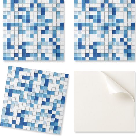 Azulejos de vinilo autoadhesivos para ba帽o con estampado de mosaico en tonos azules, 9x30x30 cm.