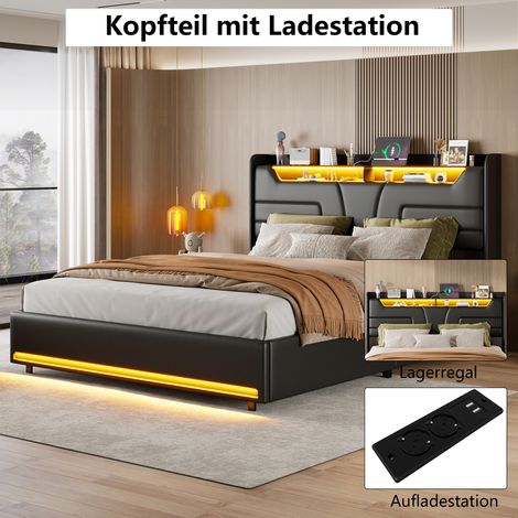 Lit Coffre 140x190,Lit Double Rembourré avec Rangement hydraulique,lit 140x190cm avec éclairage LED et Fonction de Charge USB,PU, sans Matelas,Noir