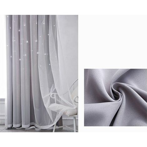 Green Mobility-Rideau en etoile creuse, tissu de rideau occultant complet en fil double couche de dentelle, gris 1 m  2 m une piece (1/4)