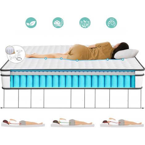 Matelas à Ressorts ensachés 140x200 cm, Hauteur 25 cm, Matelas à Ressorts ensachés 9 Zones, Confortable et Respirant - Blanc