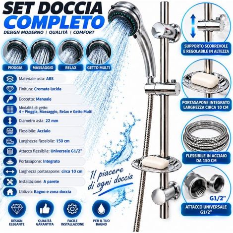 Asta Colonna Saliscendi Doccetta Soffione in ABS 4 Getti con Portasapone Cromato (1/5)