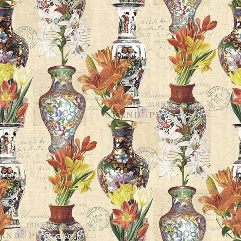 Cream Silver Wallpaper Funky Oriental Vases Flowers Metallic Stamps Holden Chic (1/4)