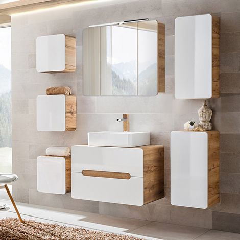 Badmöbel Set in Hochglanz weiß mit Wotan Eiche Nb. LUTON-56 mit LED-Spiegelschrank, B/H/T ca. 180/200/46 cm (1/5)