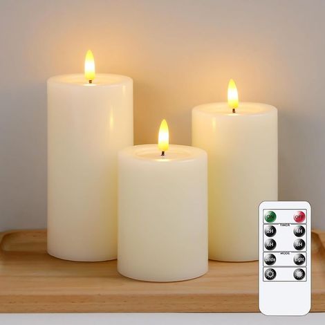 Flameless LED candles with wax oil effect, flickering remote control, set of 3, ivory-colored column, battery-operated timer, electric candles made of real wax (7.5 x 10, 12.5, 15 cm) (1/5)