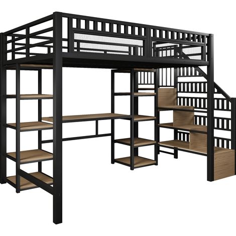 Lit mezzanine 140 x 200 cm en métal et MDF noir avec bureau, étagères, éclairage LED et port USB (1/5)