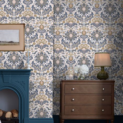 Papier peint intissé Joules Animal Damask 1005 x 52cm Bleu, ocre