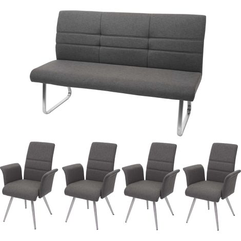 Set 4x Esszimmerstuhl+Sitzbank HHG-709, Bank Küchenstuhl Stuhl+Armlehne, Stoff/Textil Edelstahl grau-braun Bank 160cm