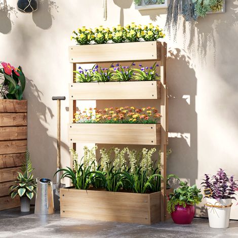 Outsunny Jardinière surélevée en bois avec 4 étages. escalier de fleurs avec doublure. trous de drainage bois naturel