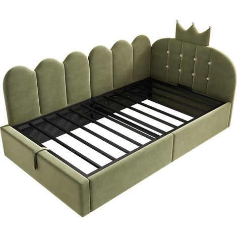 Lit banquette capitonné 90 x 200 cm en velours vert avec rangement hydraulique HOMVRA (1/5)