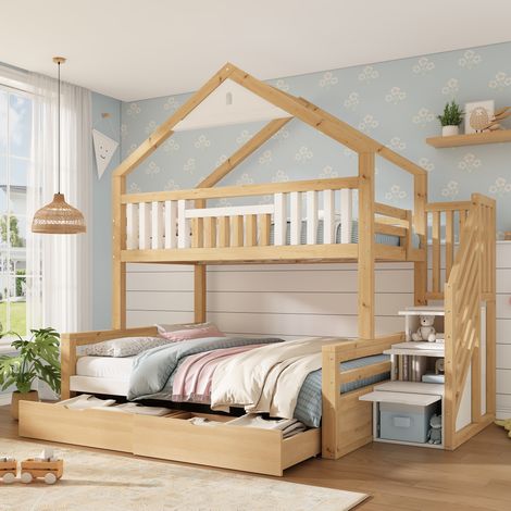 Letto a castello per bambini 90x200 e 140x200 cm in legno con scala, 2 cassetti e tetto (1/5)