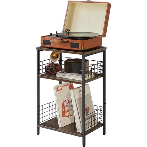 Table de Chevet, Bout de canapé, Meuble Tourne Disque Vinyle, Table d’Appoint 3 Niveaux Rangement, Support de platine Vintage, pour Salon, Chambre, Bureau, 40x29x62.5CM Gris HST009G (1/5)