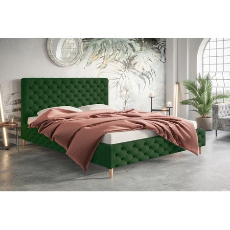 Lit double 160x200 Felix - Glamour Design, Lit adulte avec sommier à lattes et tête de lit, tissu velours - Vert (Amor Velvet 4311) (1/4)