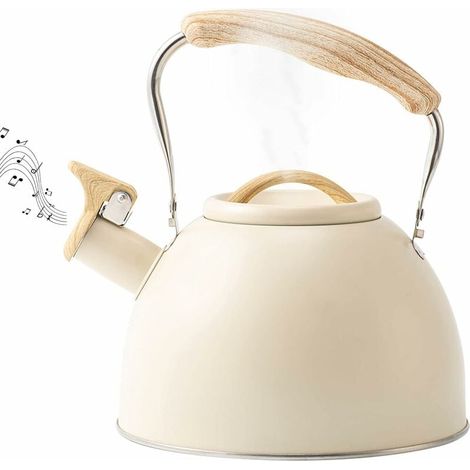 Théière en acier inoxydable avec poignée en bois, bouilloire à induction sifflante de 3 L, théière rétro, compatible avec les plaques électriques, à gaz et vitrocéramiques (beige) (1/5)