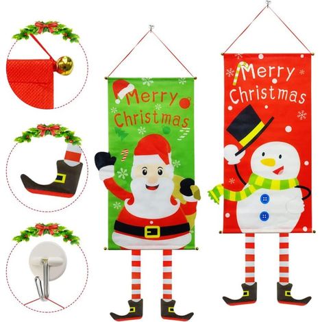 Bannière De Noël - En Tissu - Pour Fenêtre Et Porte - Motif Bonne Fête De Noël, Bonhomme De Neige, Père Noël - Lot De 2 (1/5)