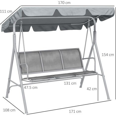 Balançoire Hollywood 3 places avec auvent, métal gris argenté, 170 x 110 x 153 cm, idéale pour se détendre dans le jardin ou sur la terrasse. (1/5)
