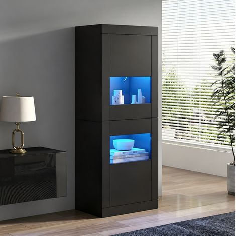 Vitrina con 2 Puertas, 3 Estantes de Vidrio Ajustables e Iluminación LED, para Salón, de Tablero de Partículas, Negro (1/5)