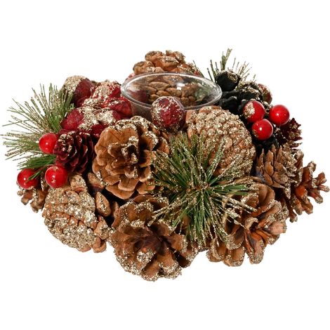 Portacandela tondo di Natale fatta di bacche e pigne per 1 candela da Ø 18 cm (1/4)