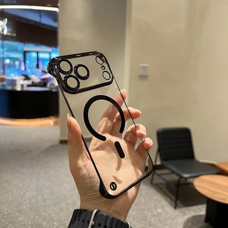 (Noir, iPhone 14) Coque de téléphone ultra-mince sans cadre en PC électroplaqué, compatible avec la recharge sans fil MagSafe.