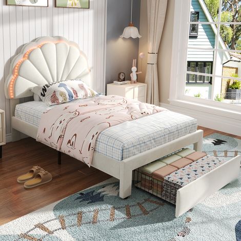 Upholstered Bed, Adults Teenagers 4ft6 Double Bed 135x190cm, Shell Shape Backrest, 2 Drawers, Iron Bed Legs, with 16 Colors LED-Light Strips, Velvet+Iron, Beige (1/5)