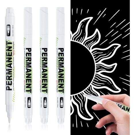Lot de 4 Marqueurs Blancs, Feutre Blanc Acrylique Permanents, Stylo Waterproof Indelebile pour Bois, Pierre, Plastique, Cuir, Métal, Céramique, Idéal pour DIY, Art et Décoration, 1mm Pointe Extra Fine (1/5)