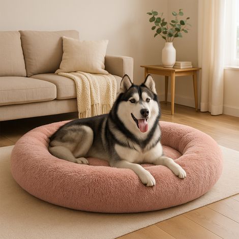 belviona Donut-Hundebett, kuscheliges Plüschbett mit weicher Füllung, sicherem Halt & ergonomischem Rand, 120 cm Durchmesser, altrosa (1/4)