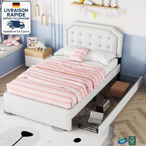 Lit enfant 2 tiroirs 90x200 cm, lit simple, MDF, sans matelas, beige clair (1/5)