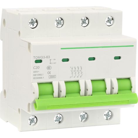 Disjoncteur miniature TOMG3-63 4P C20A, interrupteur différentiel de fuite, protection contre les surcharges, 4 pôles, type C, 20 ampères, pour tableau électrique domestique et industriel. (1/5)