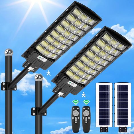 2 Packs 600W Réverbère Solaire Extérieur, Lampe Solaire à LED avec Détecteur de Mouvement et Télécommande, Projecteur Solaire IP65 étanche, 6500K Spot Solaire Extérieur Minuterie Pour Jardin (1/5)