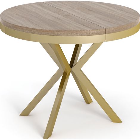 Runder Ausziehbarer Esstisch - Loft Style Tisch mit Goldenen Metallbeinen - 90 bis 170 cm - Industrieller Tisch für Wohnzimmer - Kompakt - 90 cm - Sonoma Eiche