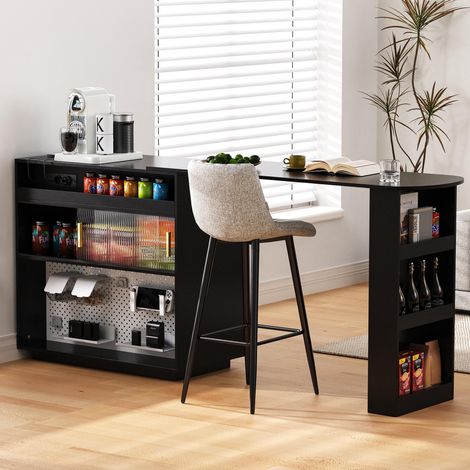 Table de bar moderne, buffet extensible pivotant à 360° avec rangement et éclairage LED, buffet réversible avec panneau perforé et prises électriques, table de bar pour cuisine et salle à manger (noir