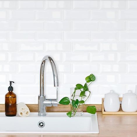 BEBUSINGOTO Pegatinas decorativas para azulejos, 3D, para cocina, baño, hogar, autoadhesivas, blancas, brillantes, 30,5 x 30,5 cm. (1/4)