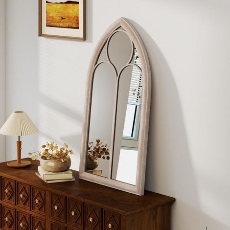 Usage Intérieur et Extérieur Grand Miroir Mural 111,5x60,5cm À Poser ou Fixer Arche Fenêtre Cadre Métal Gris Rustique (1/5)