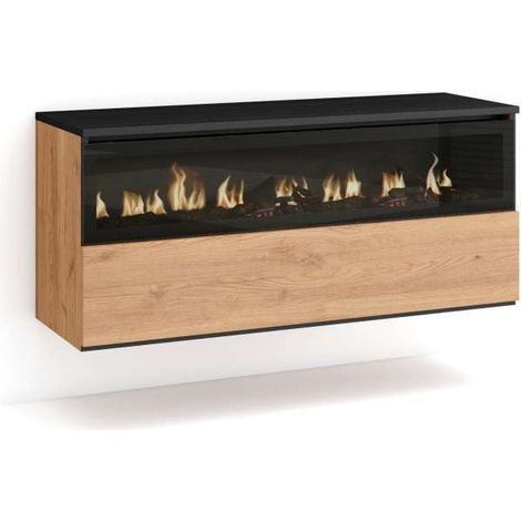 Mueble TV Adamuz de 102x45x35 cm con 1 hueco y 1 puerta, chimenea eléctrica y luces LED, color roble y negro (1/4)