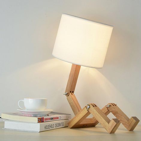 Creativo robot lámpara de escritorio, ajustable libro estante madera noche con pantallas tela E27 tornillo para niños dormitorio oficina sala estar iluminación decorativa (Robot No2) (1/5)