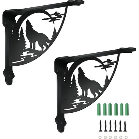 2 Equerre Etagere Murale d'Étagère Loup et Forêt en Fer Décoratif Noir Équerre de Fixation pour Étagère Murale Bureau Bibliothèque Support Etagere 21x17.2 cm (1/5)