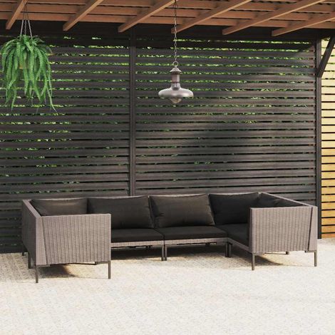 Salon de jardin 6 pcs Ensemble Table et Chaise de Jardin - avec coussins Résine tressée Gris foncé BV116056 - BonneVie (1/5)
