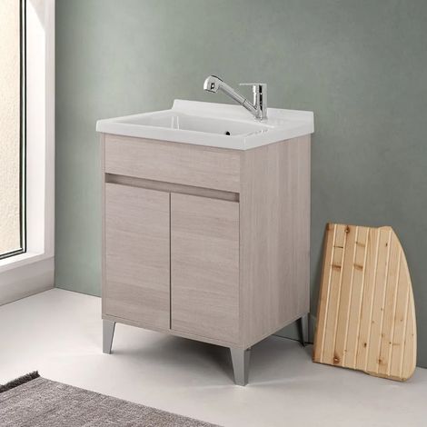 Mobile lavatoio 60x50 rovere chiaro Way con vasca in ceramica Dolomite (1/5)