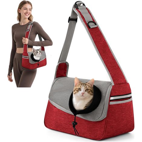 Sac de transport ajustable à bandoulière pour animaux gris rouge