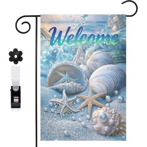 Drapeau de jardin bienvenue 30 x 45 cm motif étoiles de mer coquillages et perles toile double face extérieure (1/5)