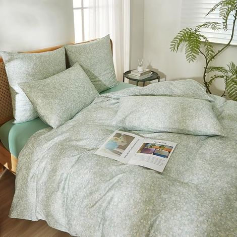 Housse de Couette Floral Coton 220x240cm Vert Floral Coton Motif de Branches de Fleurs Colorées Parure de lit 220x240 Adulte 100% Coton Respirant avec Fermeture Éclair et 2 Taies d'oreiller 65x65 (1/5)