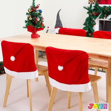 Lot de 4 Housses de Chaises de Noël : Housses de Chapeau de Père Noël Rouge pour Décoration des Fêtes de Noël, Housses de Dossiers de Chaise Père Noël, Lot d’Ornements de Décoration Intérieure de Noël (1/4)
